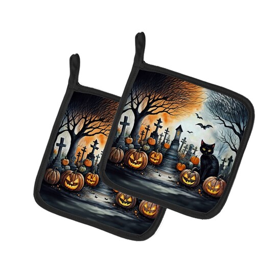 Edge Collections - 7.5" x 7.5" - Black - New Cat Halloween Pair Of Pot Holders Heat Resistant Kitchen Hot Pads - 1 Pair